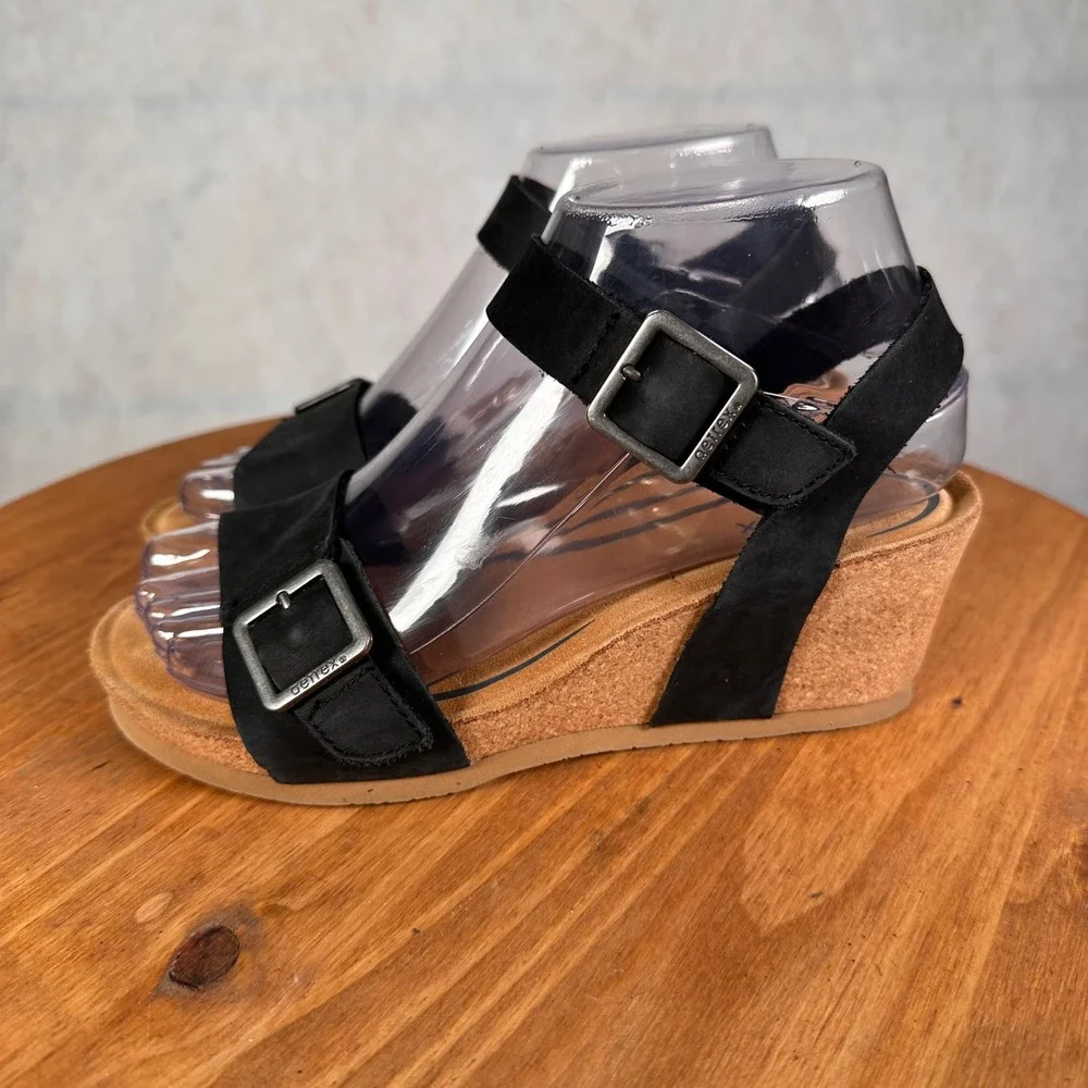 Aetrex Lexa Wedge Sandals Womens 36 Black Good Leather Orthotic Comfort